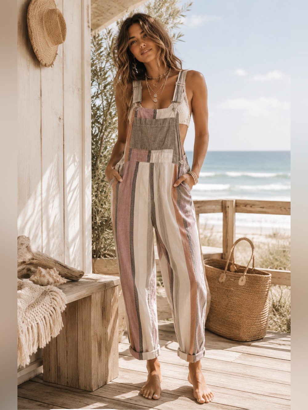 Striped Linen Blend Overalls in Mauve and Cream